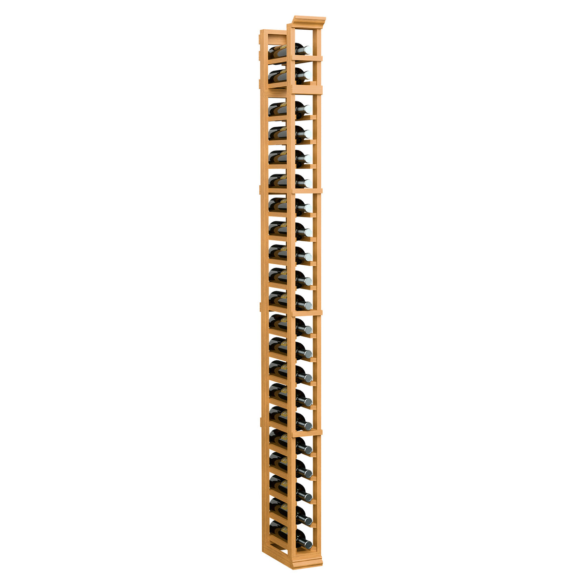 Freestanding wine bottle rack with warm light wood frame and multiple open bottle tiers