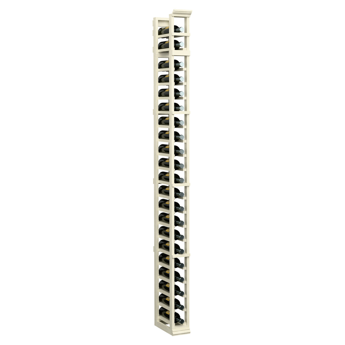 Tall wine bottle rack with white-painted wooden frame and open bottle slots