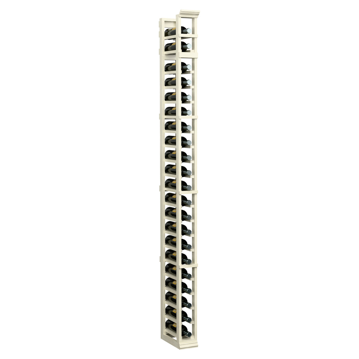 White wooden single-column wine bottle rack with open tiers and bottle holder supports