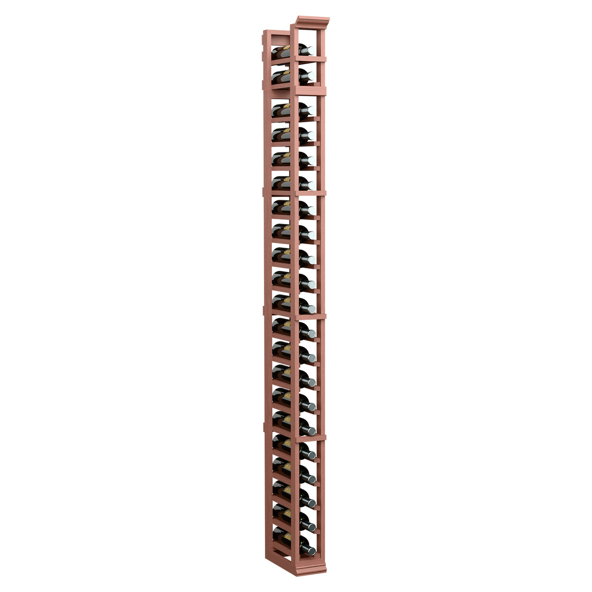 Single-column wine glass rack with warm wood frame and metal holders, front view