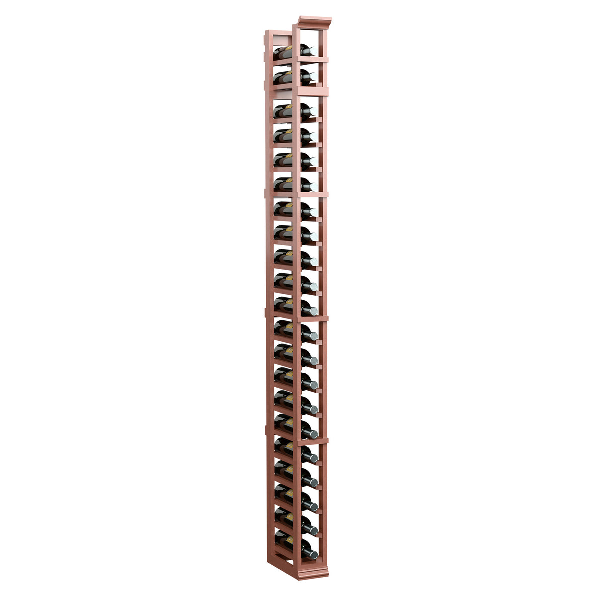 Single-column wine glass rack with warm wood frame and metal holders, angled view