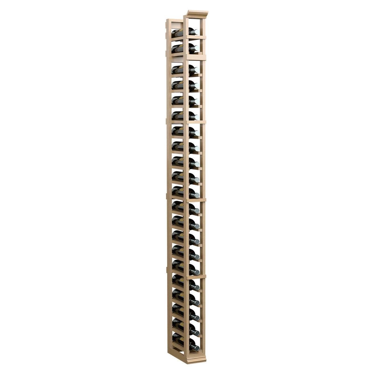 Single-column wine glass rack with light wood frame and metal holders, angled view