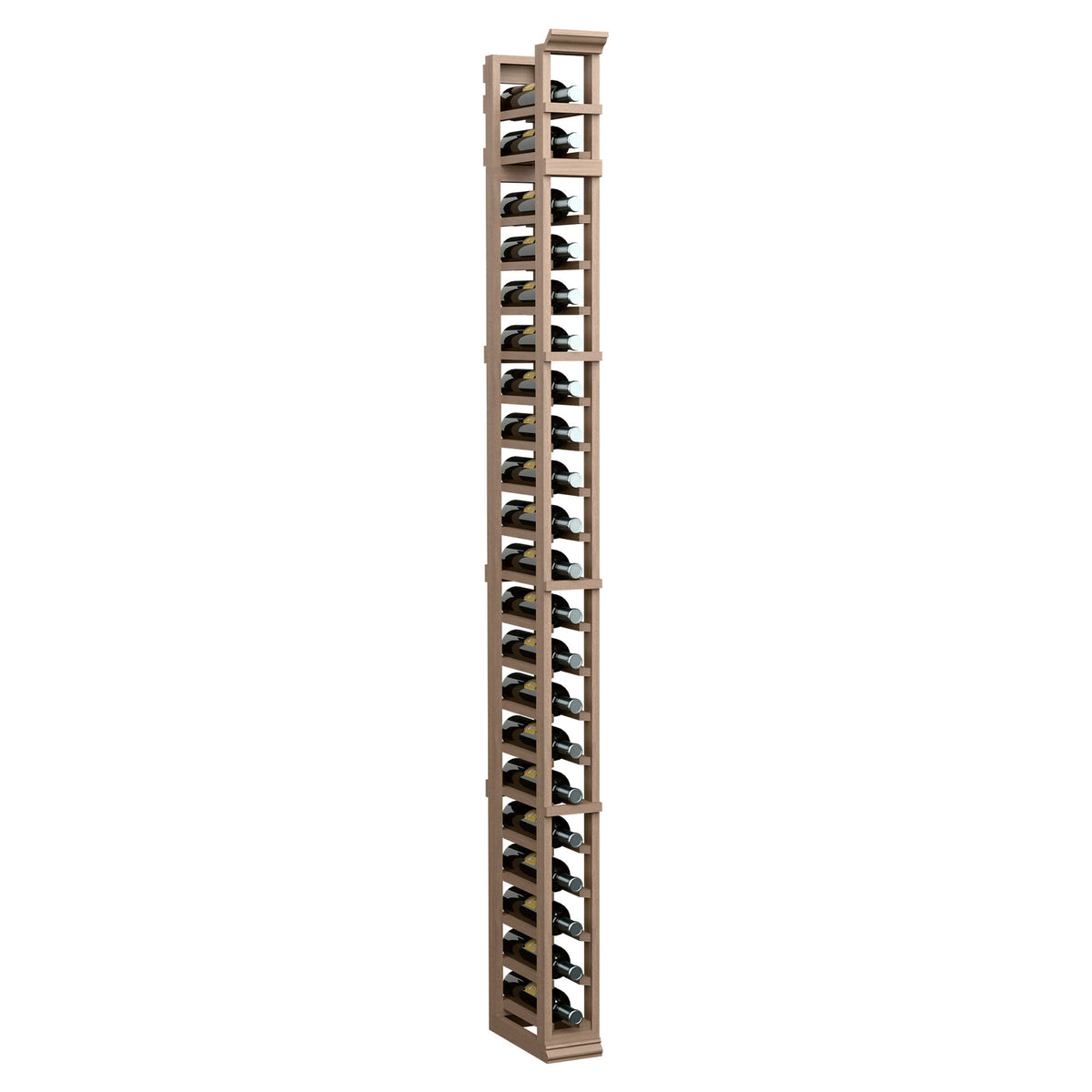 Single-column wine glass rack with light wood frame and metal holders, side view