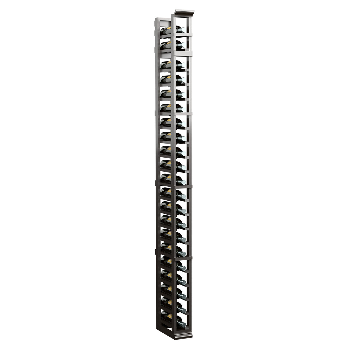 Single-column wine glass rack with dark frame and metal holders, angled view