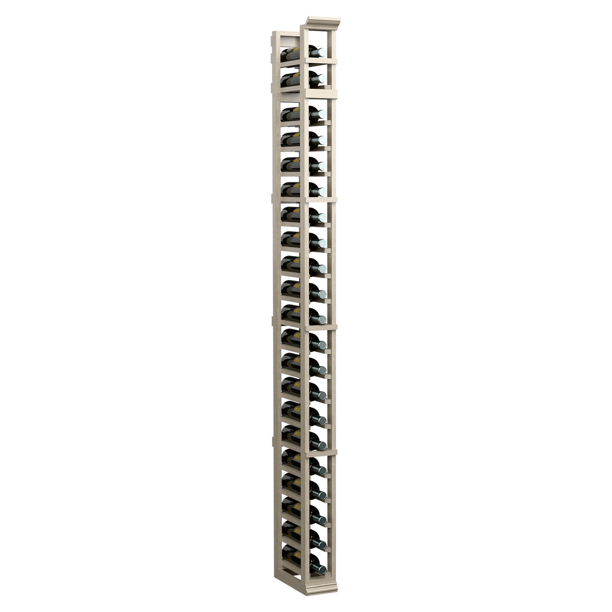 1-column wine bottle rack, light gray wood with open cubbies for bottles