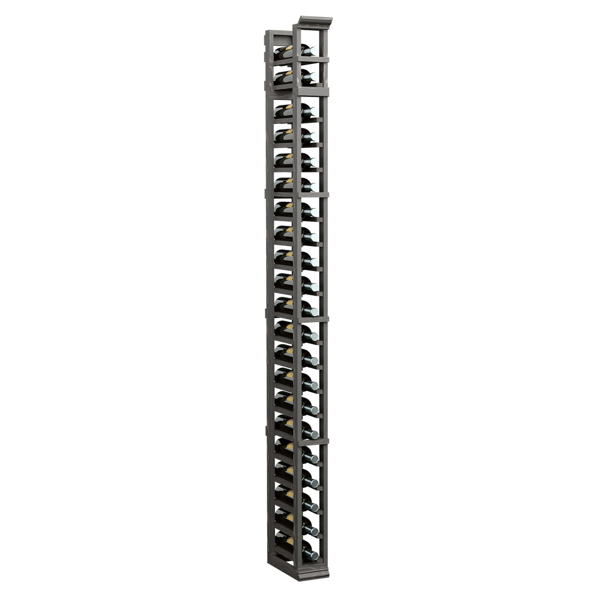 Tall dark bottle rack with stacked cradles in one vertical column