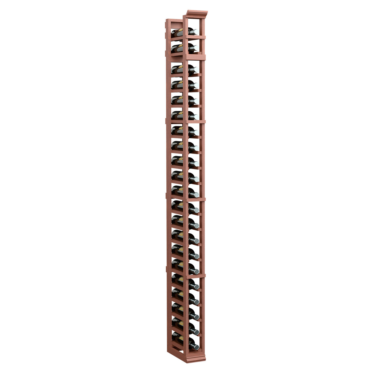 Tall wood bottle rack in warm brown with stacked cradles in one column