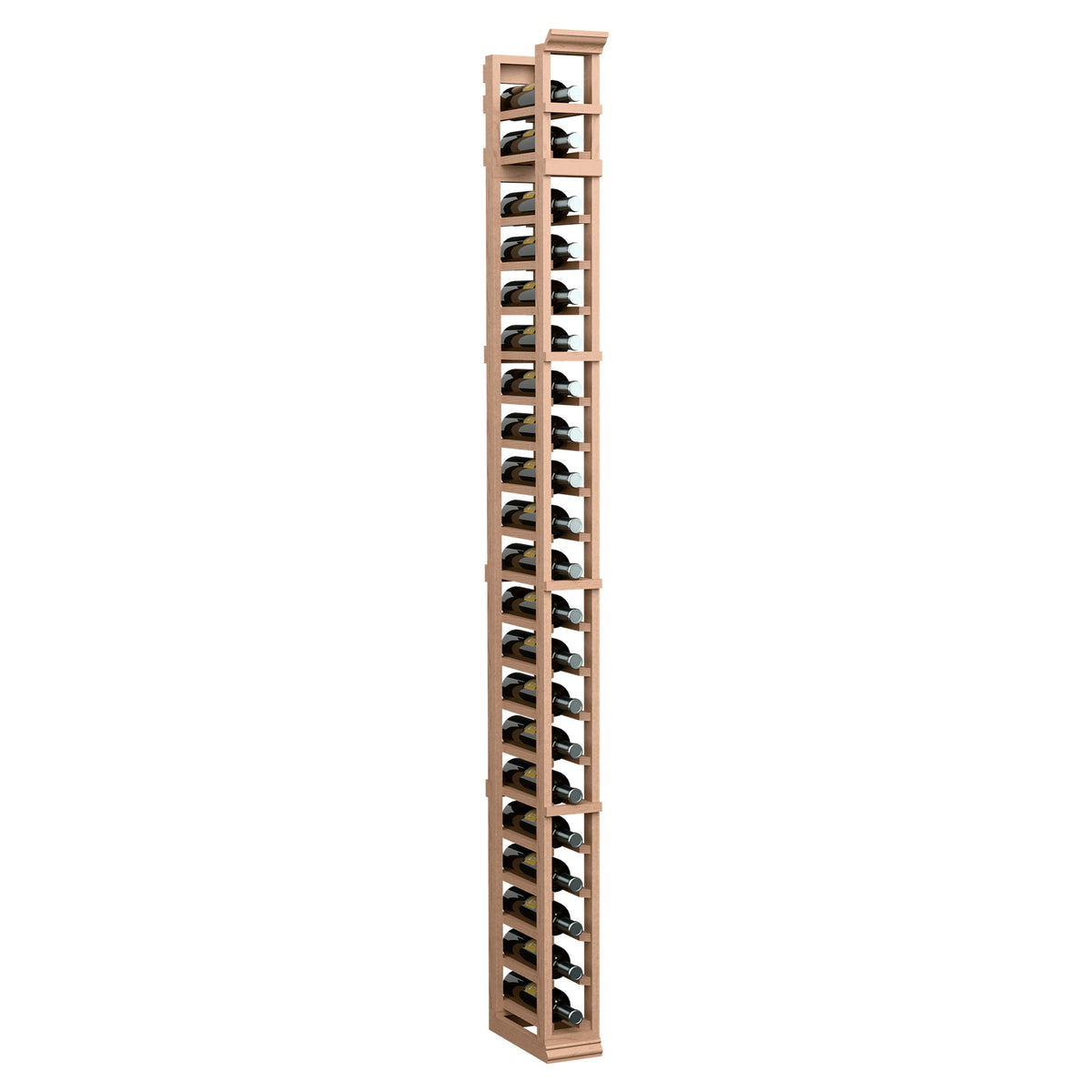 Light wood bottle rack with vertical column of stacked cradle slots