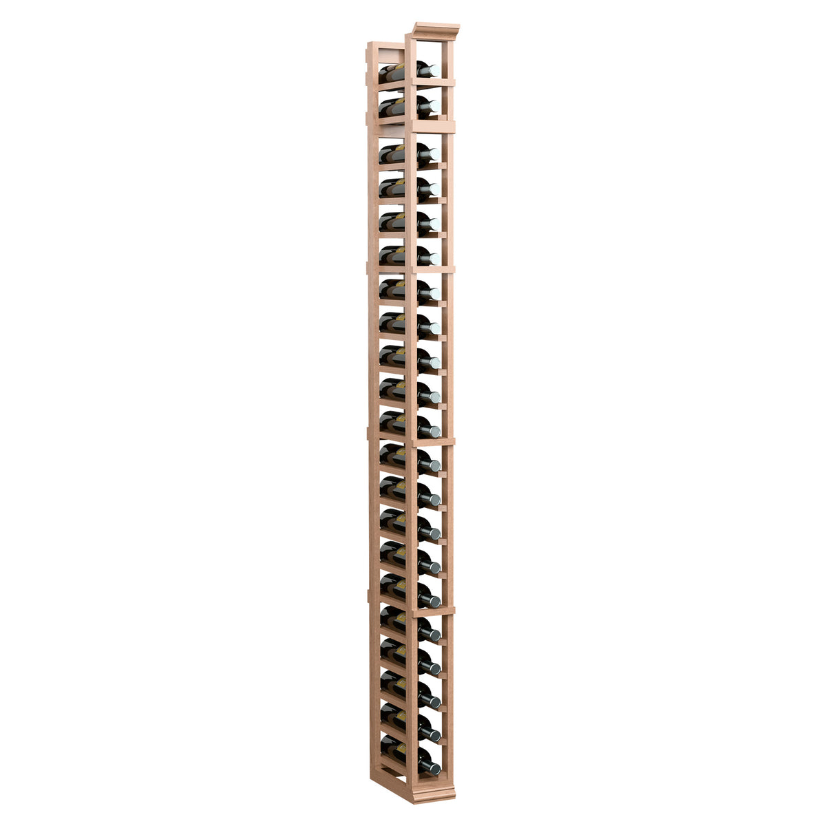 Light wood bottle rack with one tall column and multiple cradle compartments