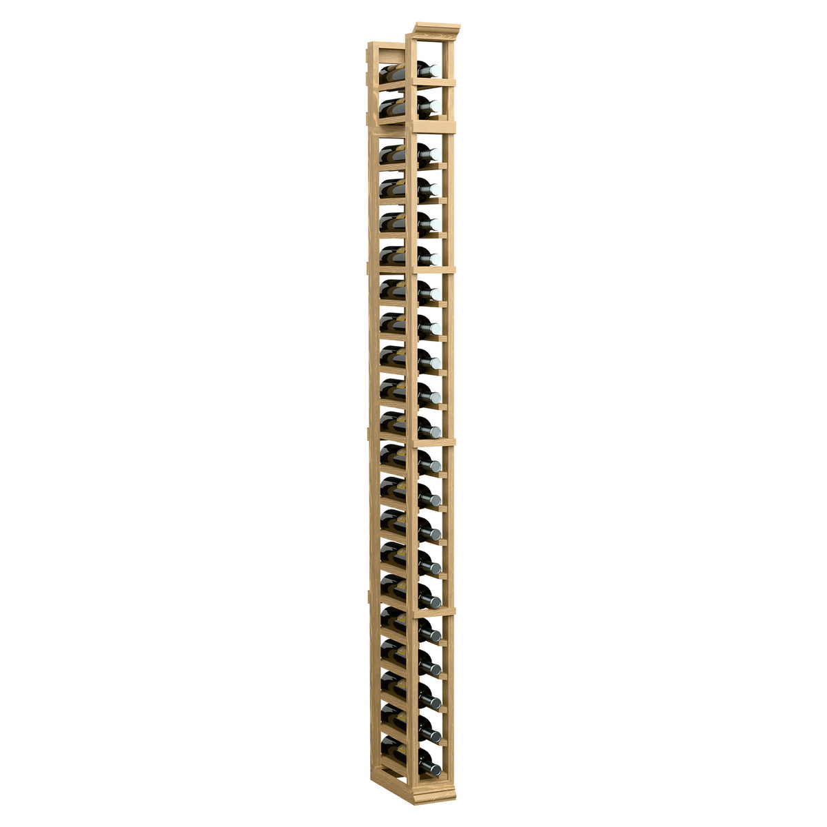 Pale wood bottle rack with stacked cradles in a single vertical column