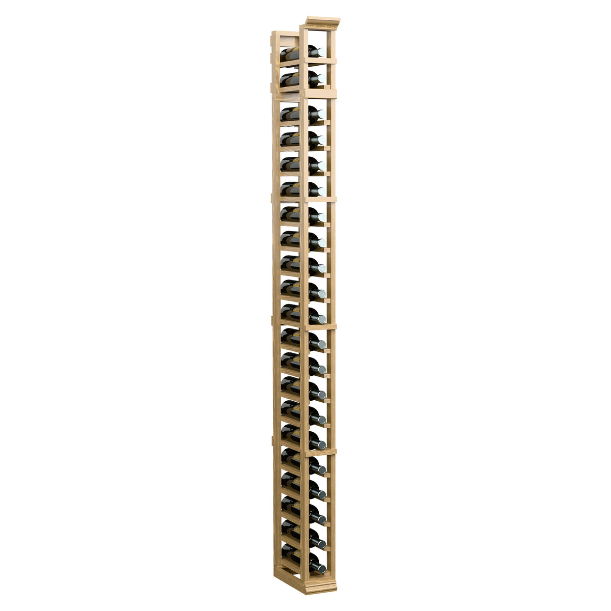 Pale wood bottle rack showing vertical column of repeated cradle slots