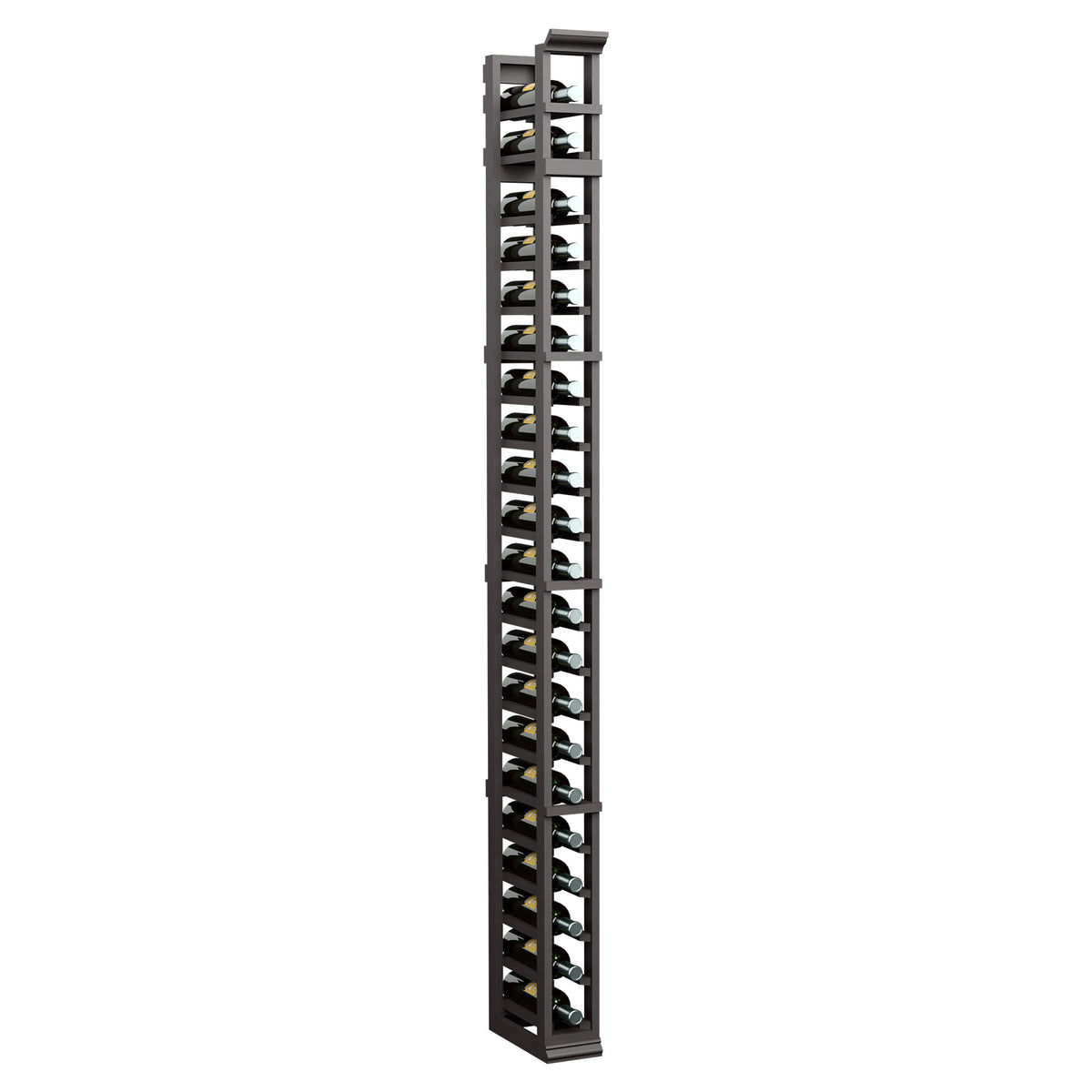 Tall black bottle rack with stacked cradles in one vertical column