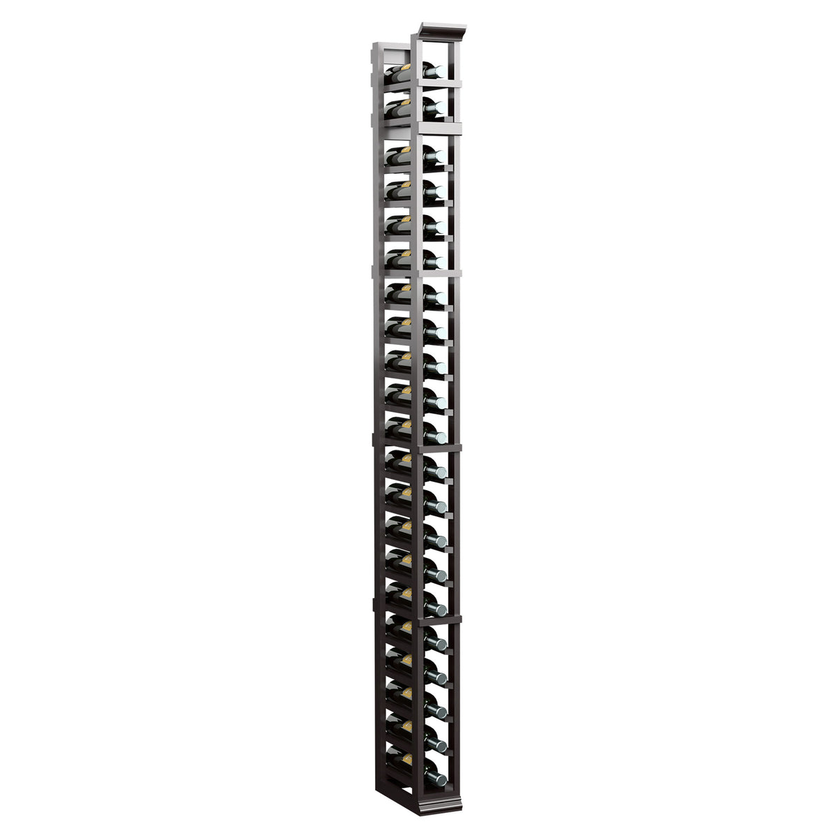 Black bottle rack with multiple cradle slots in a single tall column