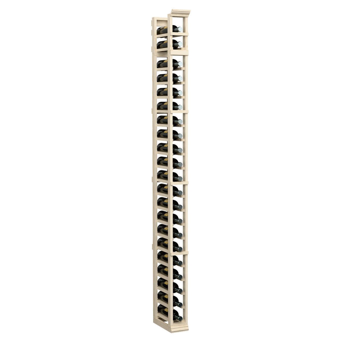 Light wood one-column bottle rack, tall vertical frame with repeated bottle cradles