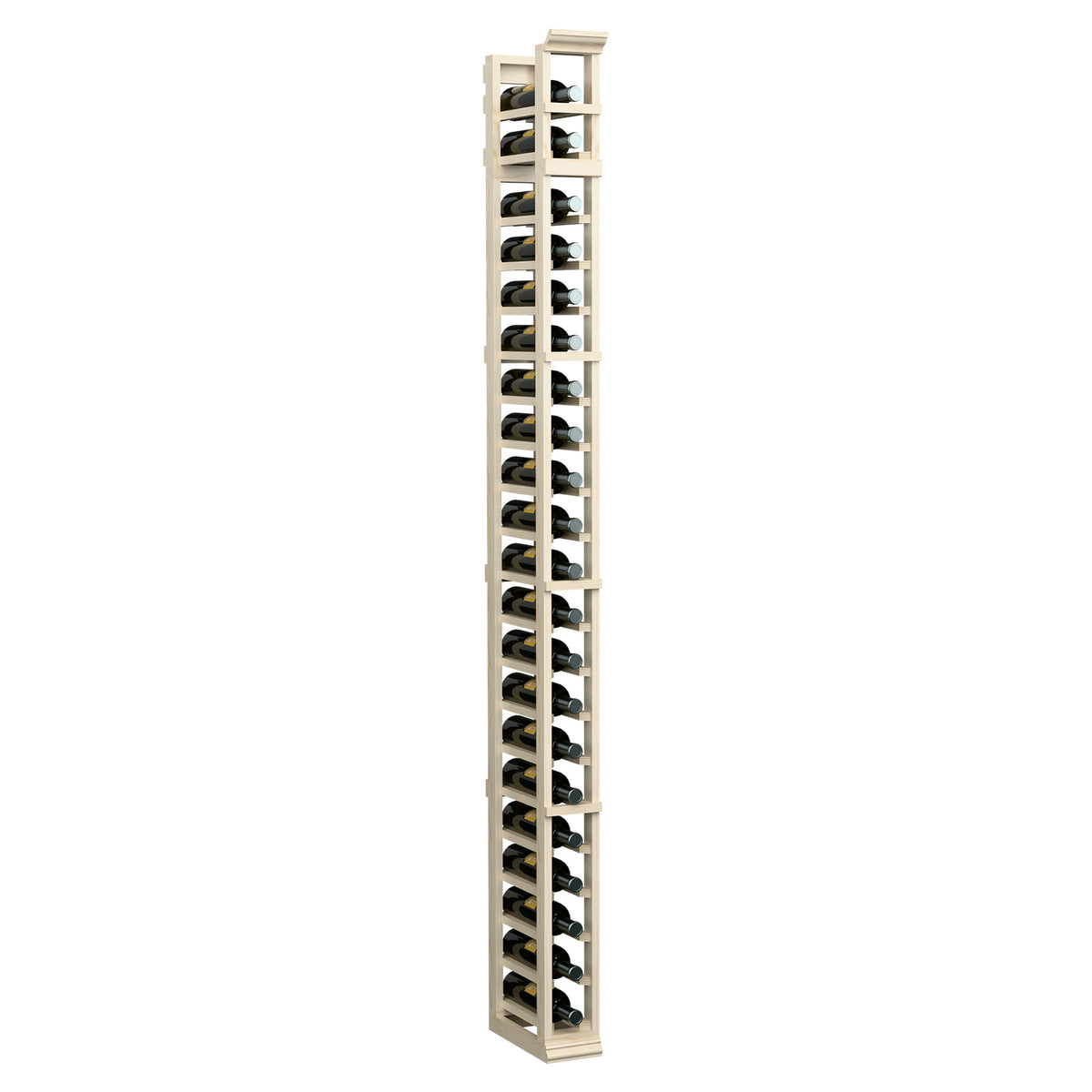 Light wood one-column bottle rack, front view of vertical storage slots and posts