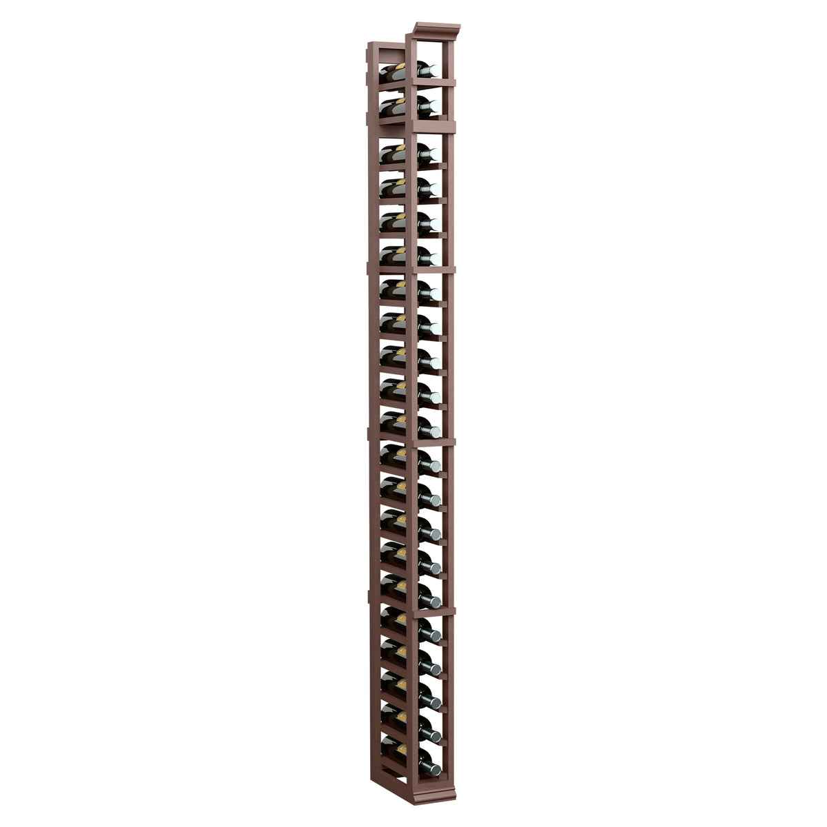 Dark stained one-column bottle rack, vertical frame with multiple cradle slots