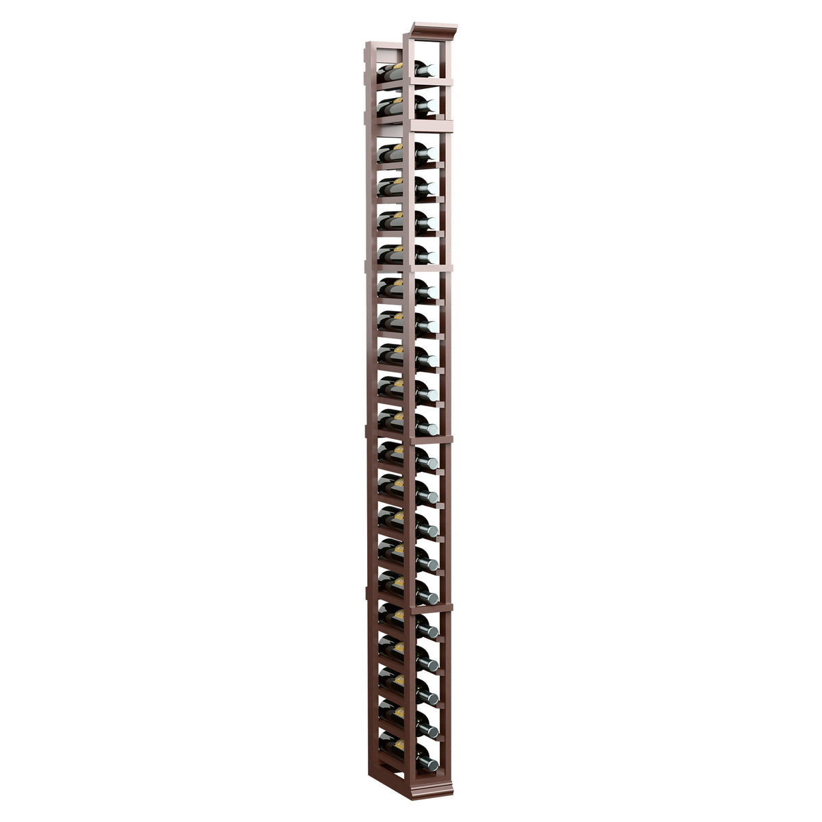 Dark brown one-column bottle rack, vertical bottle holders arranged in rows