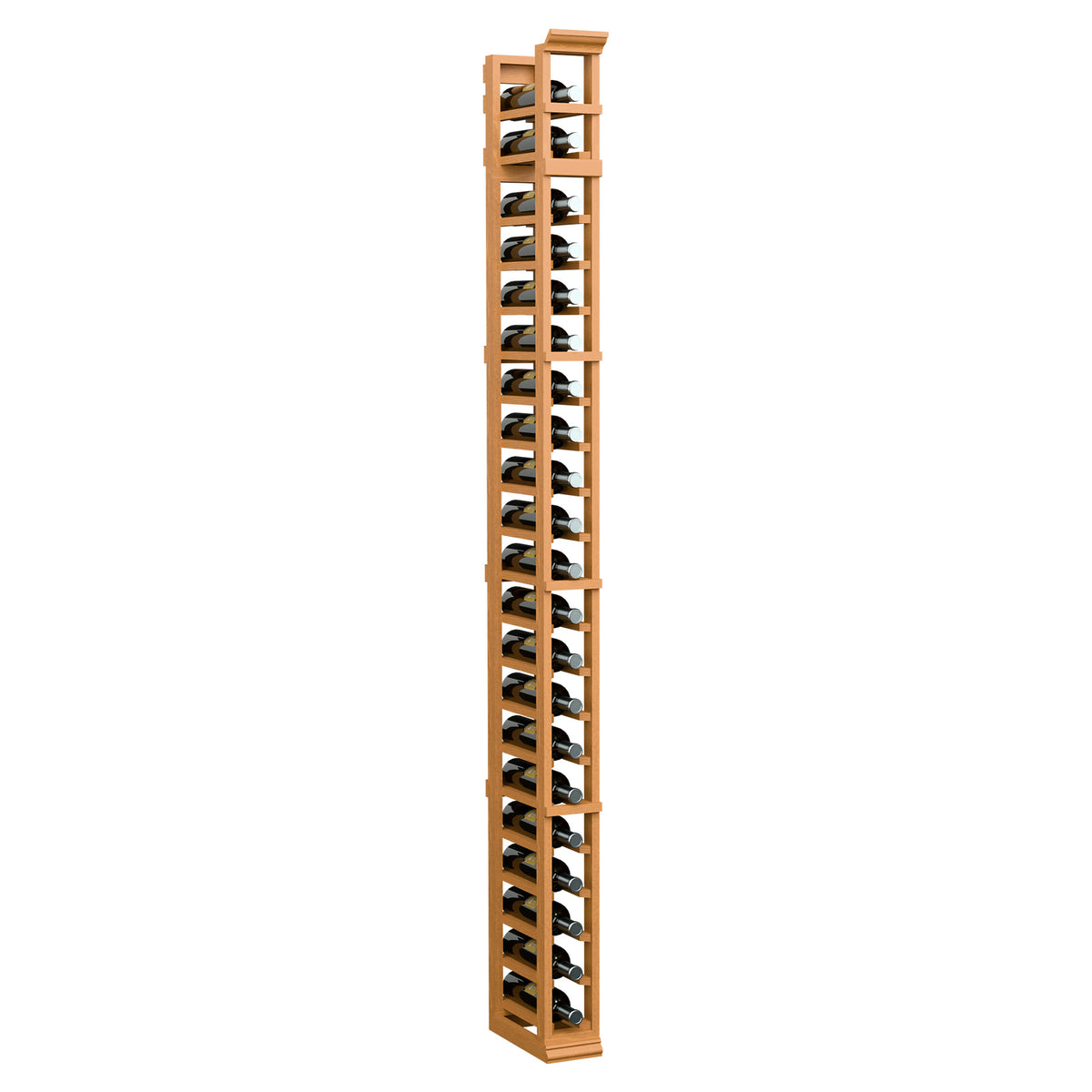 Natural wood one-column bottle rack, tall vertical display with cradles and dividers