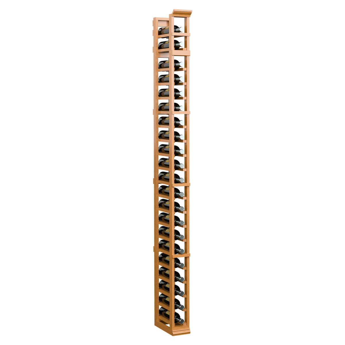Natural wood one-column bottle rack, front view showing tiered horizontal bottle slots