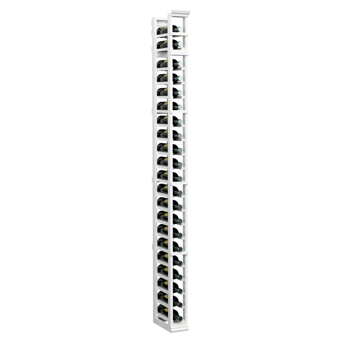 White-washed one-column bottle rack, slim vertical frame with multiple bottle cradles
