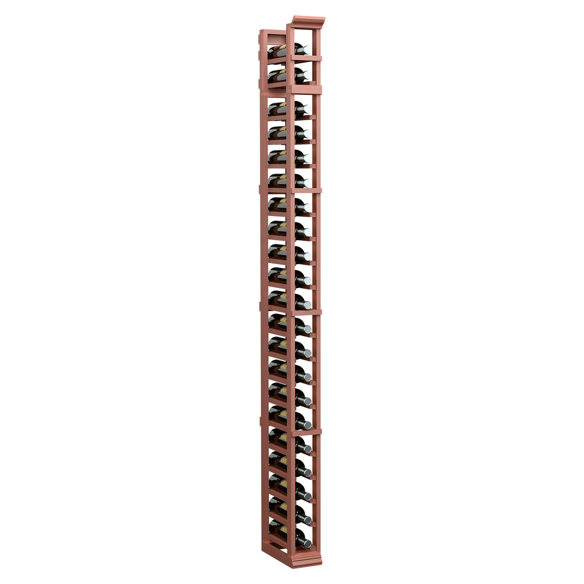 7-foot single-column shoe rack with reddish wood frame and multiple tier shelves