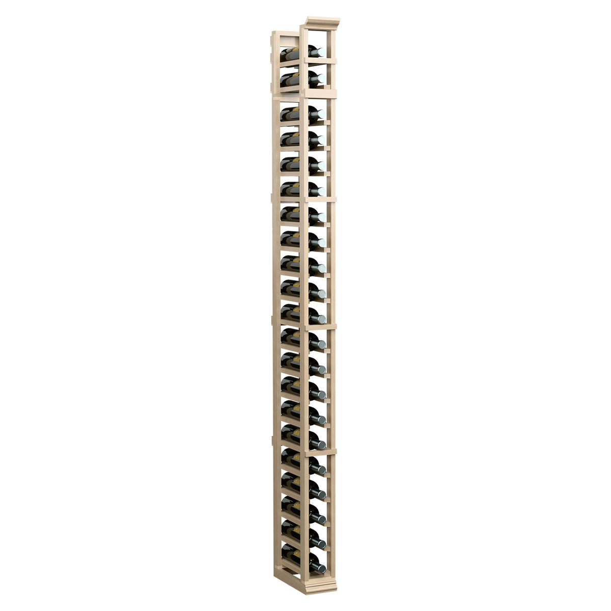 Light wood 1-column bottle rack, front view with stacked bottle slots in frame