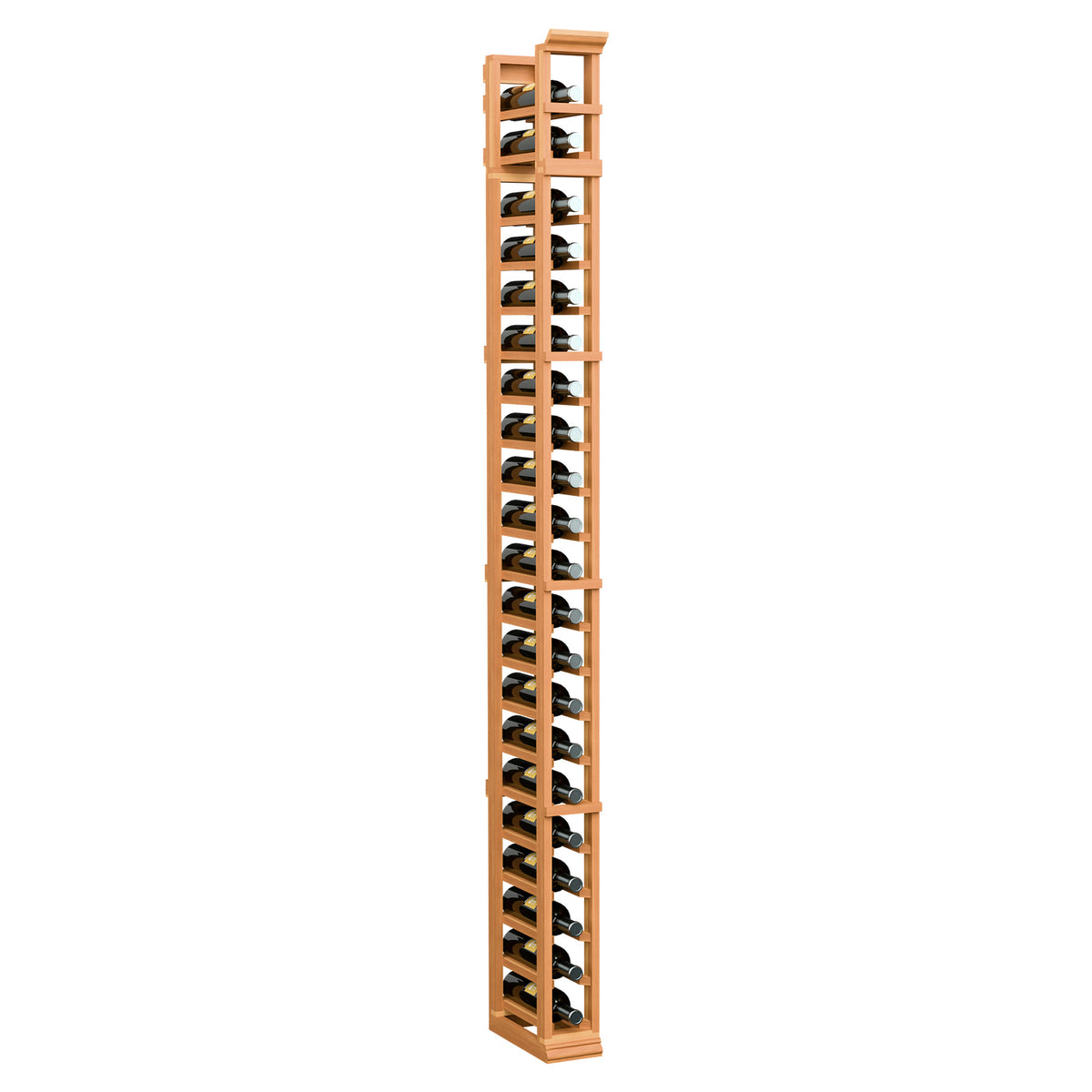 Warm wood 1-column bottle rack with open shelf grid and tall vertical frame