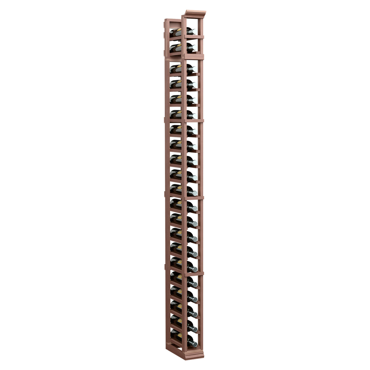 Medium-tone wood 1-column bottle rack with open grid shelves and upright frame