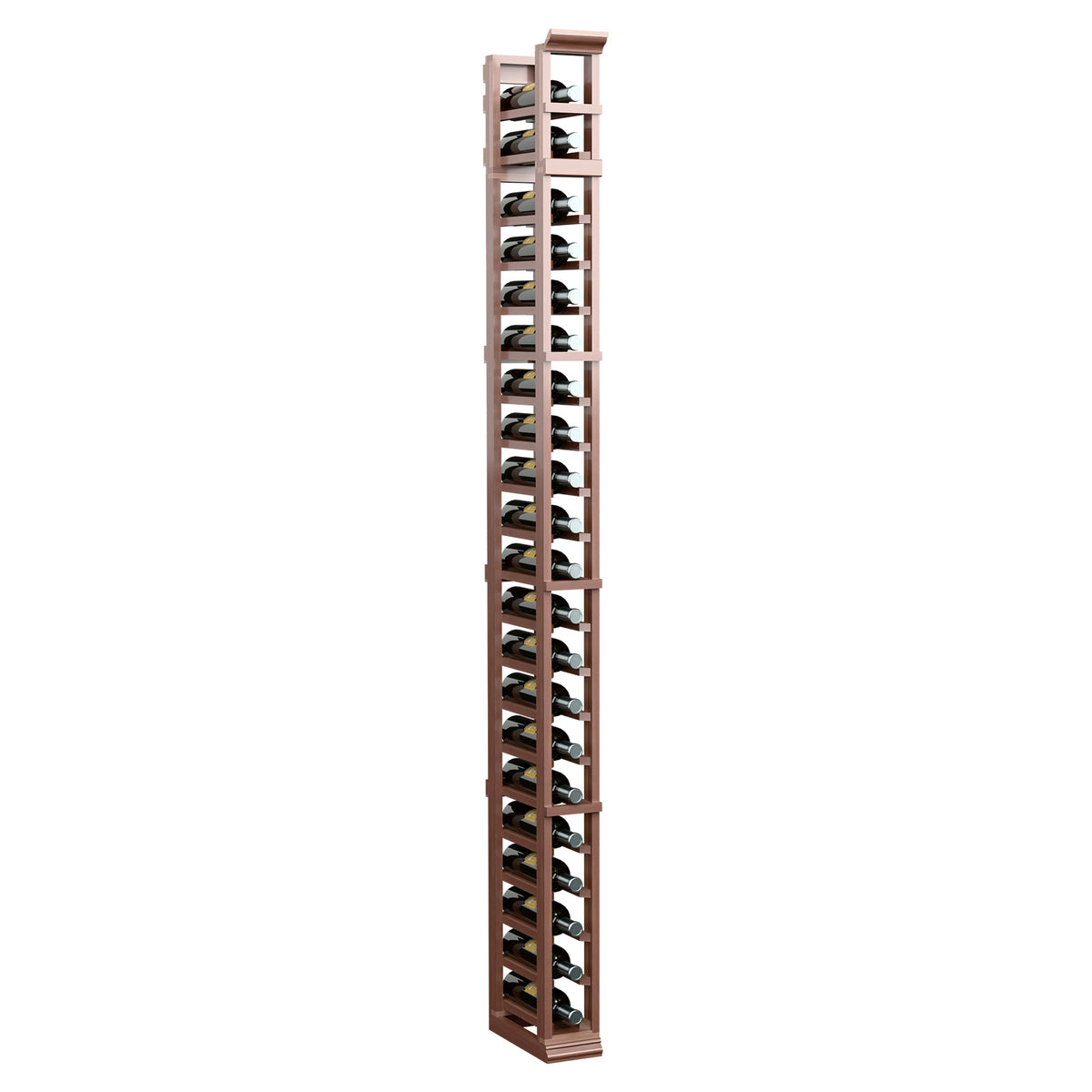 Medium-tone wood 1-column bottle rack, front-facing with stacked bottle slots