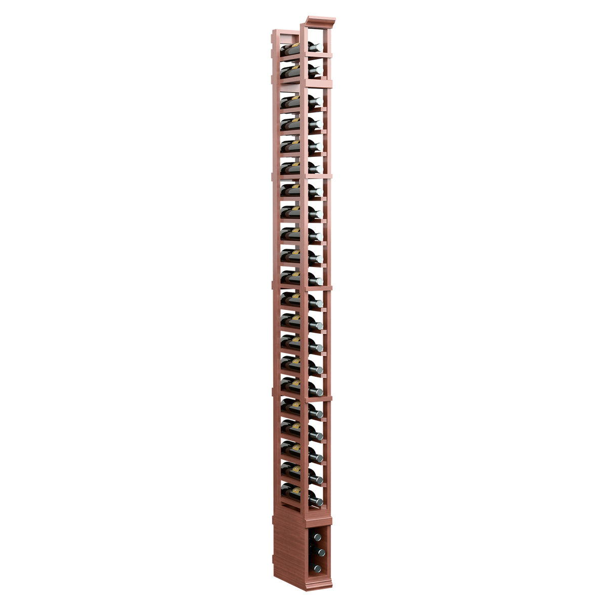8ft 1-column wine bottle rack, warm wood finish with metal rack uprights