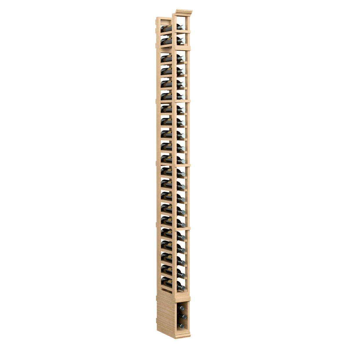 8ft 1-column wine bottle rack, light wood frame with slotted bottle holders