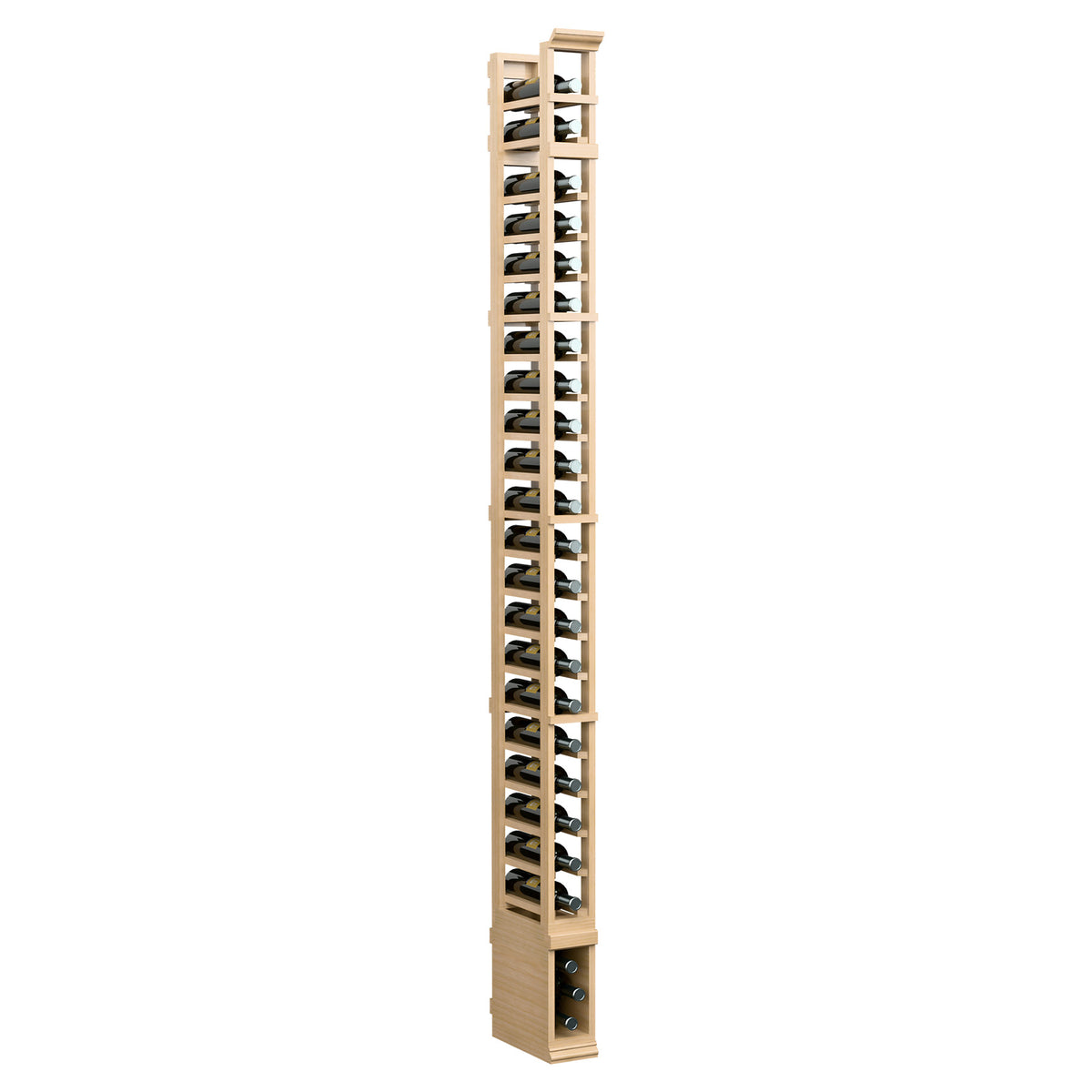 8ft 1-column wine bottle rack, light wood end panel and slotted tiers