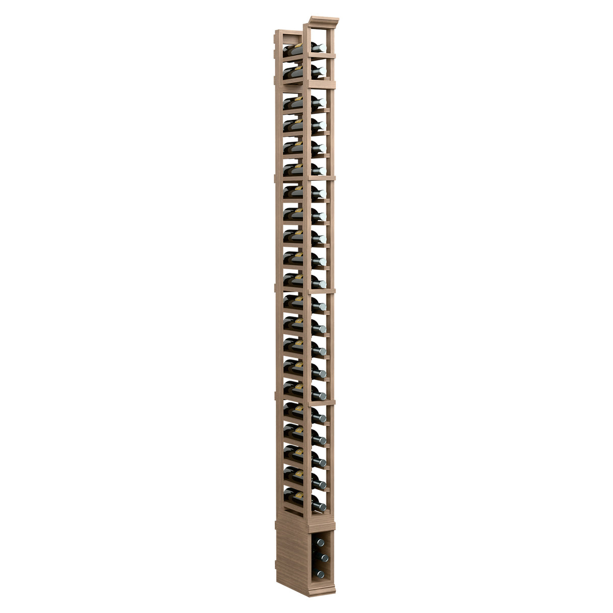 8ft 1-column wine bottle rack, light wood uprights and multiple bottle cradles