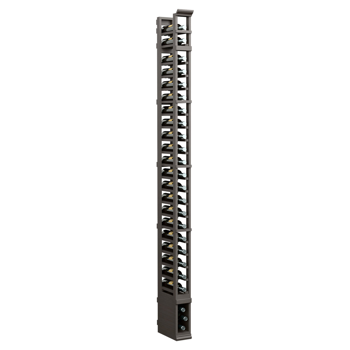 8ft 1-column wine bottle rack, dark metal uprights and slotted tiers