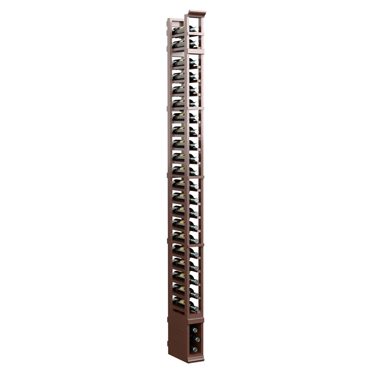 8ft one-column wooden storage rack with vertical slats and metal pegs, dark brown finish