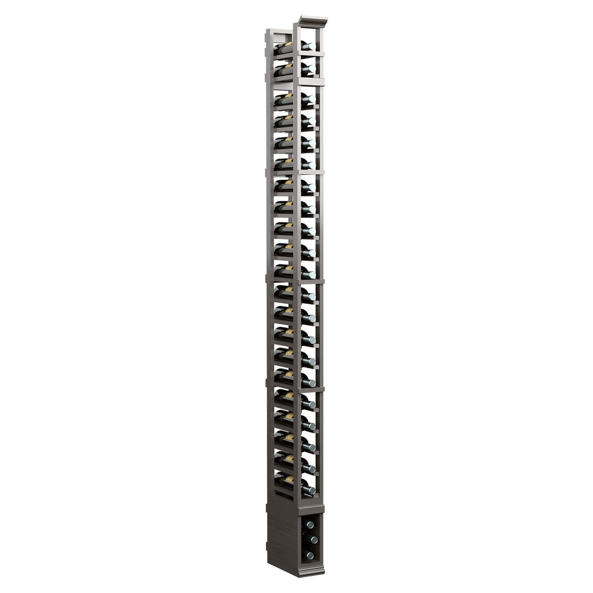 8 ft one-column vertical storage rack with dark metal end base and shelf rails