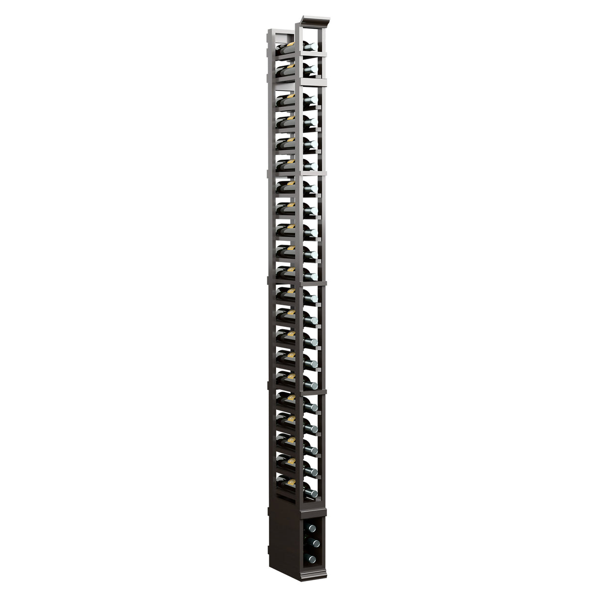 8 ft one-column vertical storage rack with dark metal side base and shelf rails