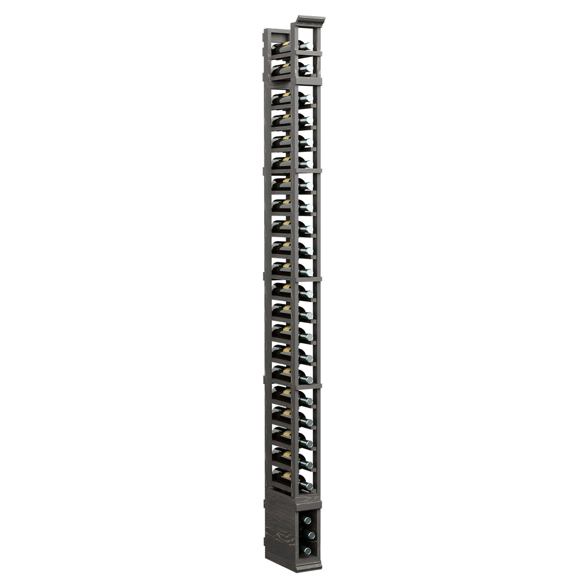 Single-column storage rack with metal wire slots and dark wood base, 8 ft tall.