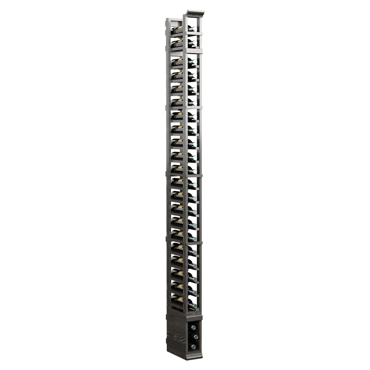 8 ft tall single-column rack with dark frame, metal wire supports, and mounting base.