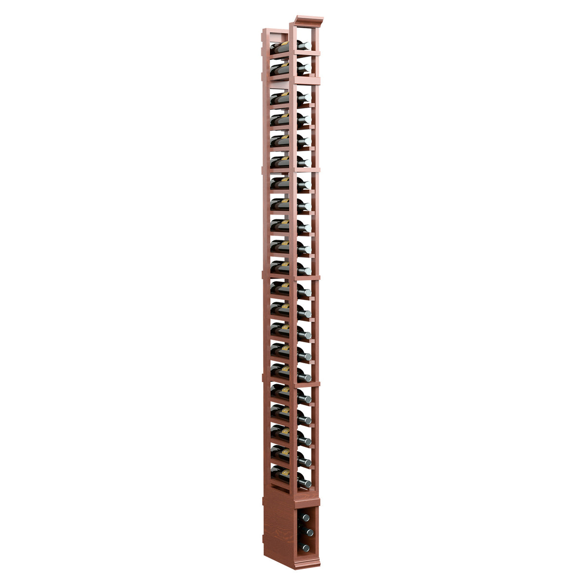 Reddish single-column storage rack, metal wire shelves, and corner supports at base.