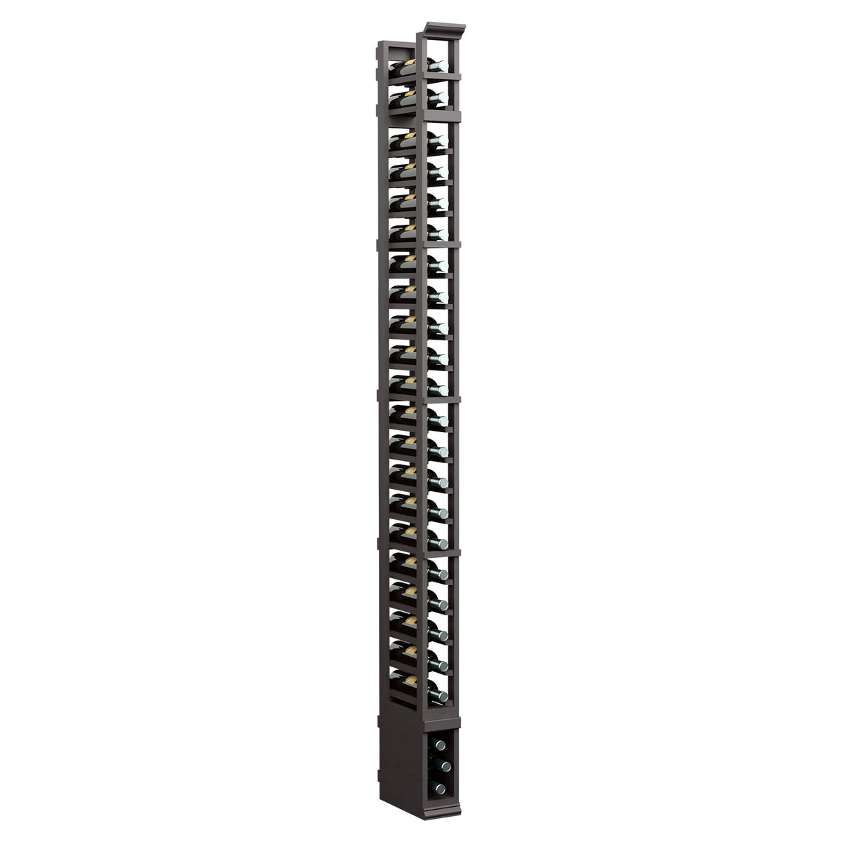 Dark single-column storage rack with metal wire slots and heavy wood mounting base.