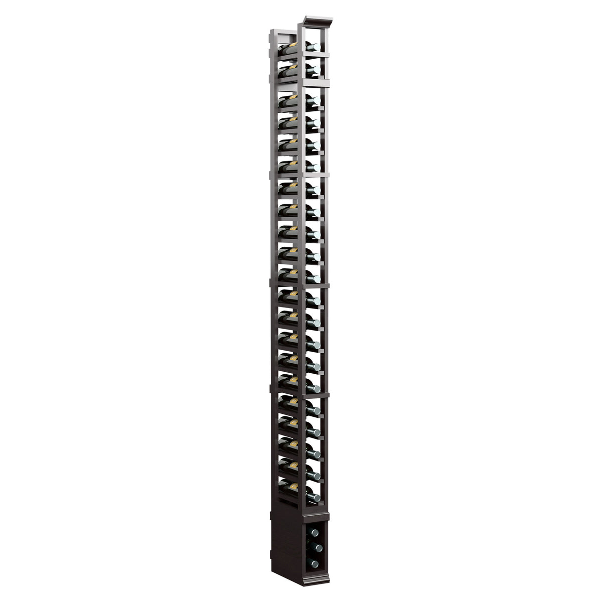 8 ft tall dark-framed single-column rack with metal wire shelf supports and base.
