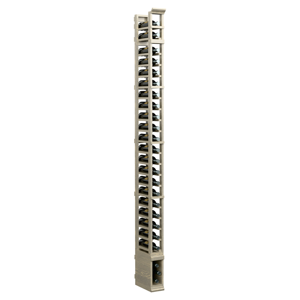 8-ft single-column wine rack, light wood frame, metal bottle holders