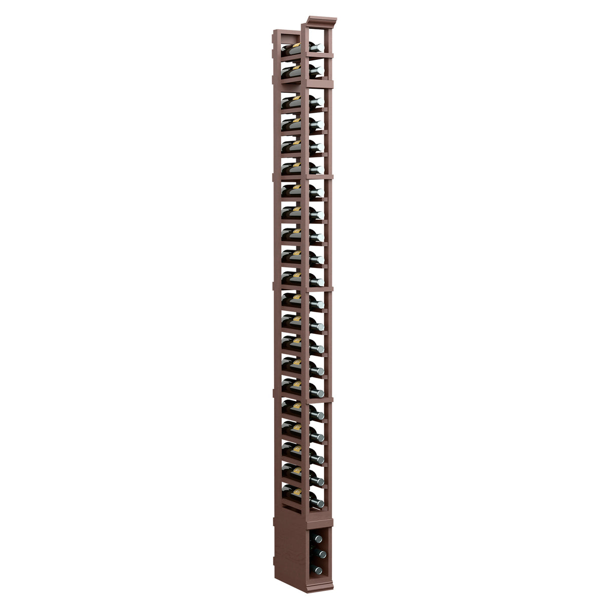 8-ft single-column wine rack with dark wood frame and metal bottle slots