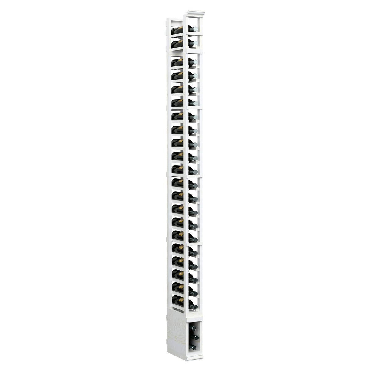 8-ft single-column wine rack with white wood frame and metal bottle slots