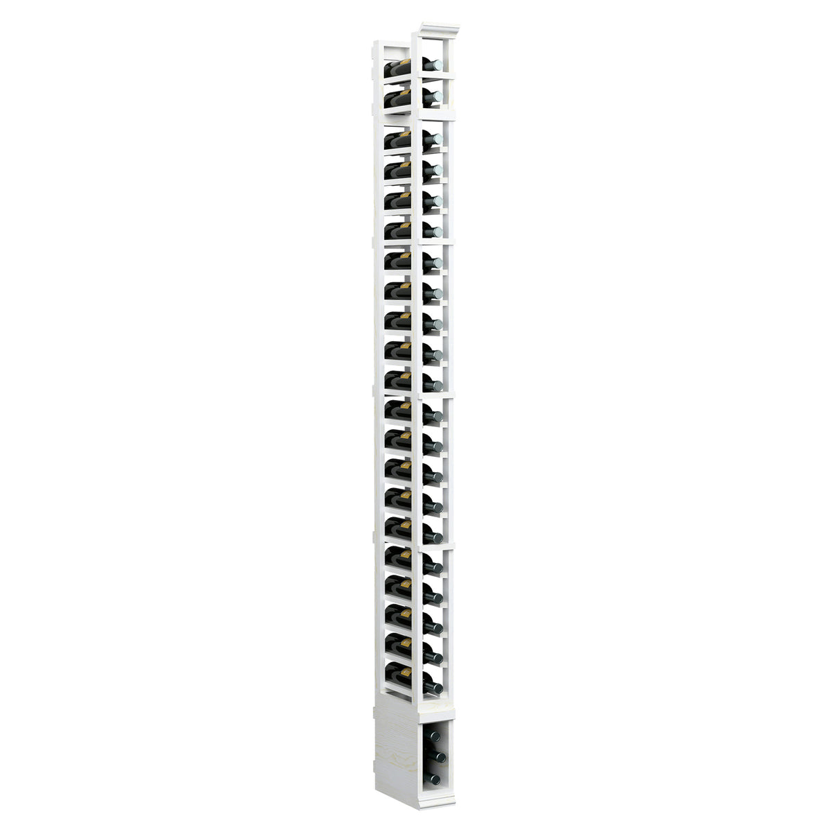8-ft single-column wine rack, white wood posts with rows of metal bottle openings