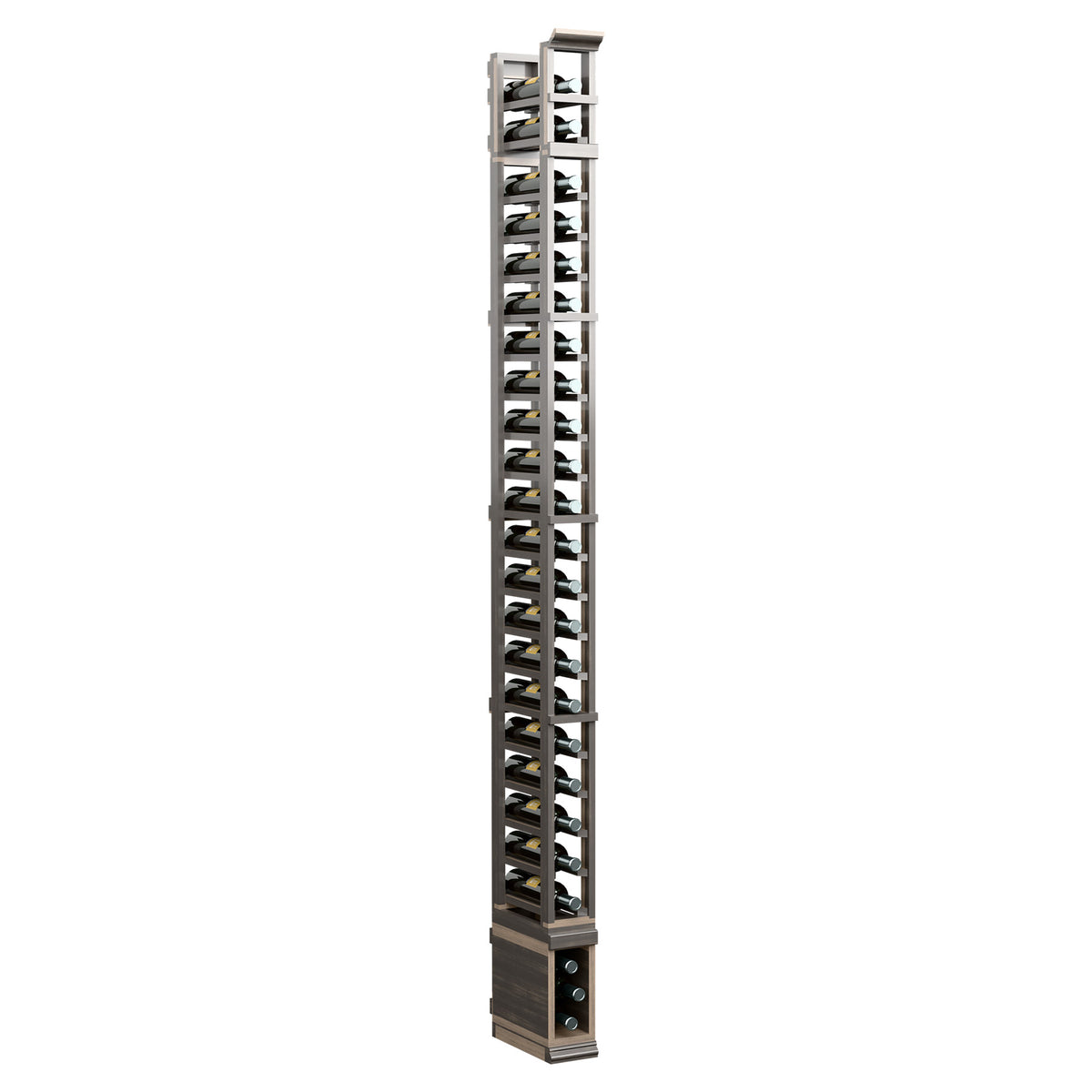8-ft one-column storage rack with dark wood base, silver frame, and angled shelves