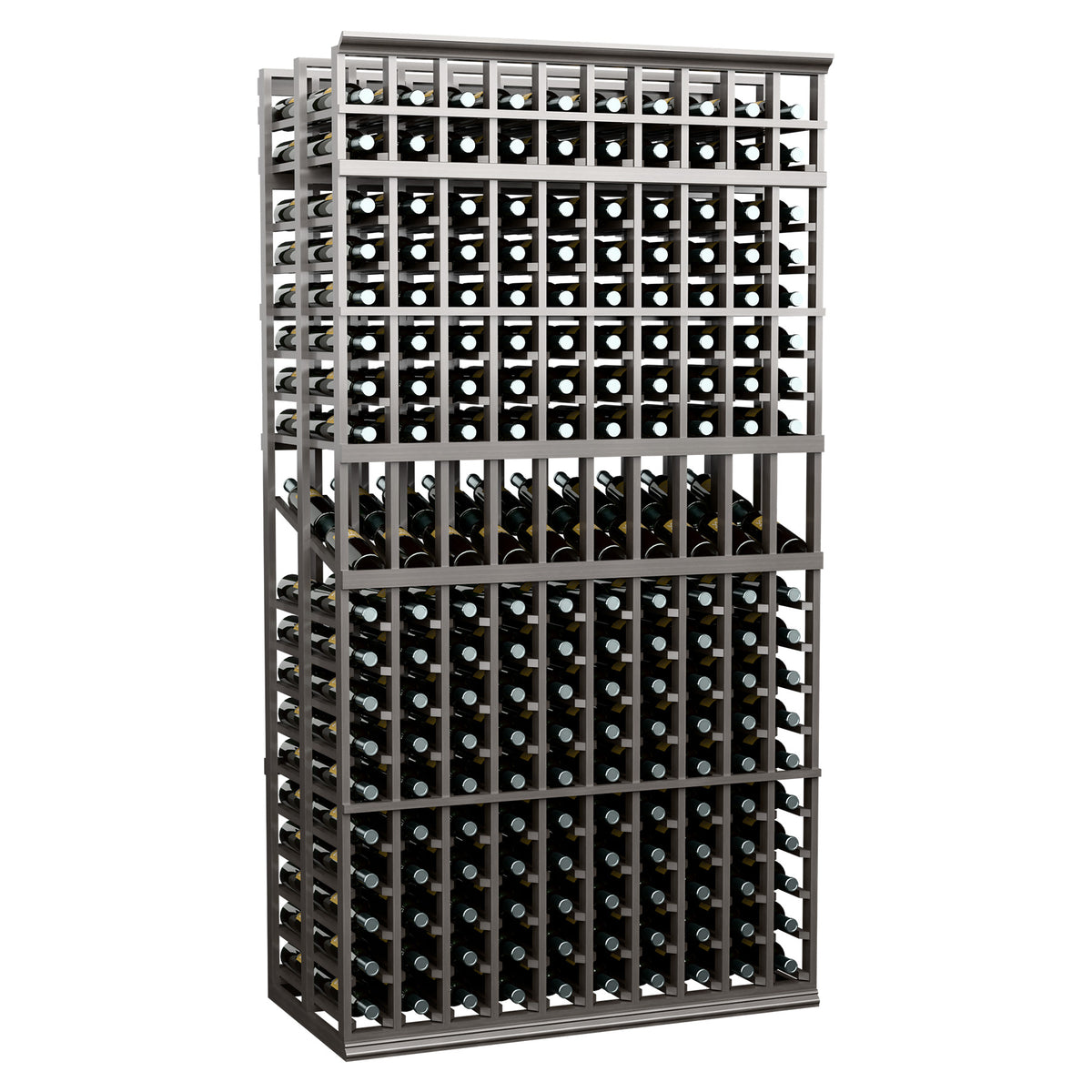 Wine display rack with 10 columns, double-deep bottle slots, dark metal grid front