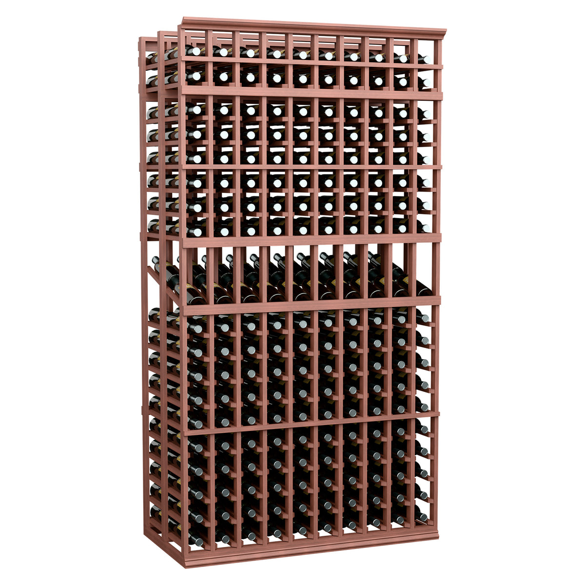 Wine display rack with 10 columns, double-deep bottle slots, reddish wood frame