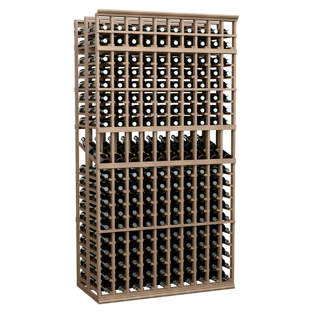 Wine display rack with 10 columns, double-deep bottle slots, light wood and dark insert